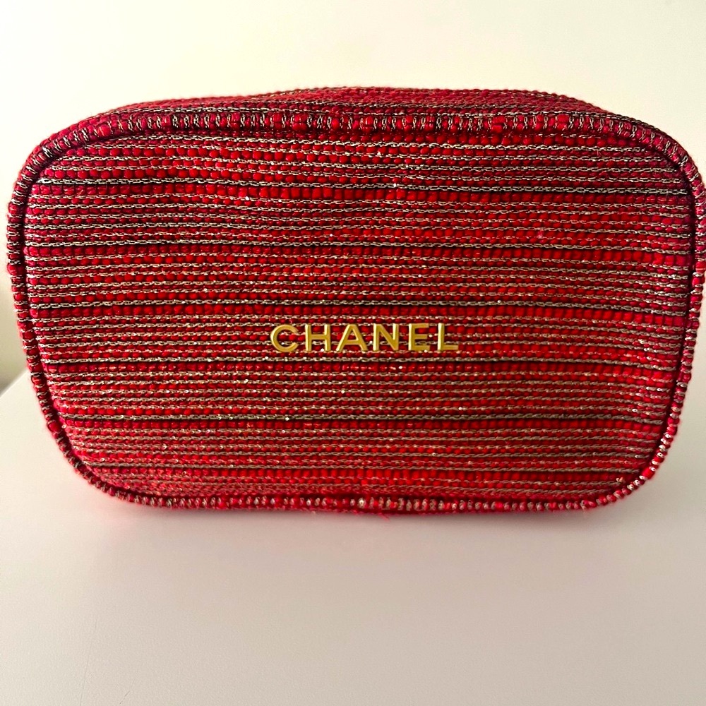 CHANEL Red,Gold & Black striped cosmetic pouch